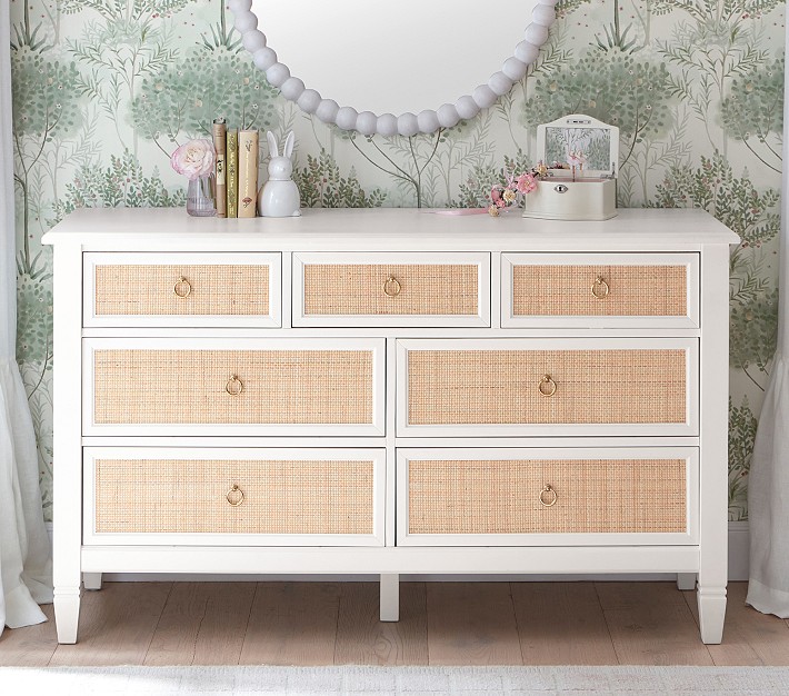 Ava Regency Caned Extra Wide Dresser, Simply White Natural Cane