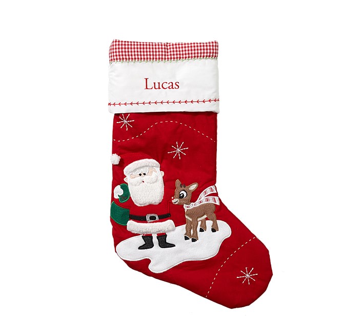 Santa With Rudolph® Quilted Christmas Stocking