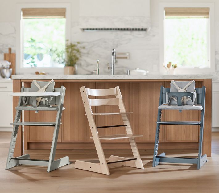 Tripp Trapp High Chair with Cushion + Stokke Tray Whitewash + Nordic Grey Cushion, White Tray