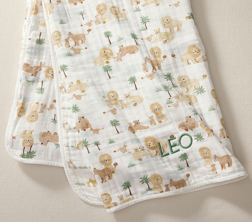 Lion Family Oversized Organic Muslin Baby Blanket | Pottery Barn Kids