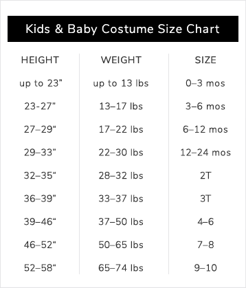 Kid & Baby Costume Size Chart