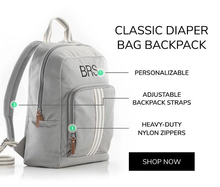 Classic Diaper Bag Backpack. Personalizable. Adjustable Backpack Straps. Heavy-Duty Nylon Zippers.