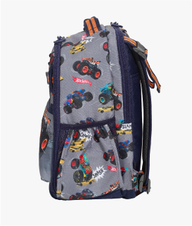 Side-facing image of Mackenzie Adaptive Backpack in Monster Trucks print.