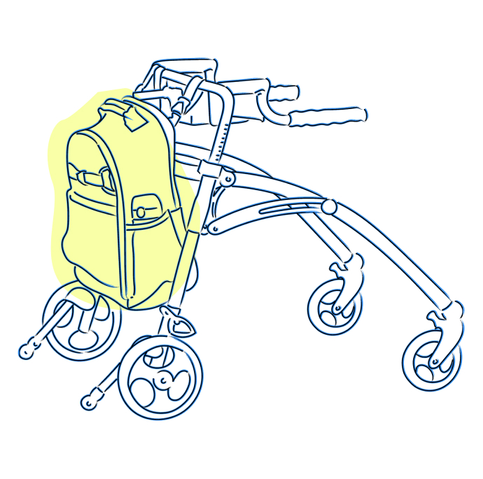 Depicts how the same Pottery Barn Kids Mackenzie Adaptive Backpack can be attached to all the most common children's assistive devices; in this case, a walker.