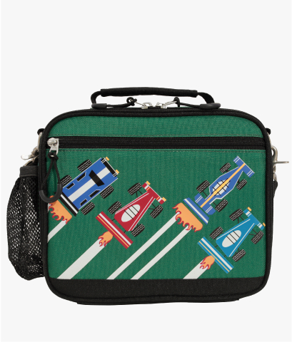 Front-facing image of Mackenzie Adaptive Lunch Box in Remy Race Car print.
