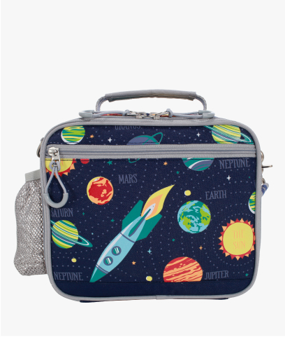 Front-facing image of Mackenzie Adaptive Lunch Box in Solar System print.