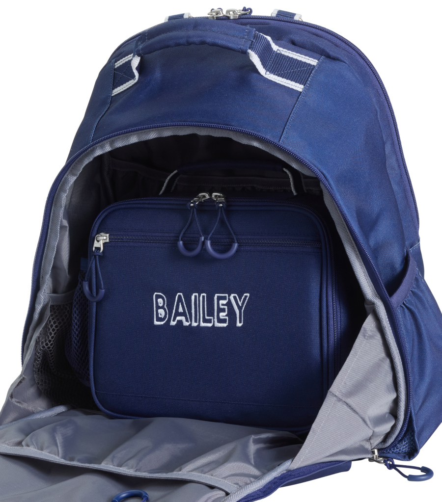 Image shows close up of the Pottery Barn Kids Mackenzie Adaptive Lunch Box fits perfectly inside.