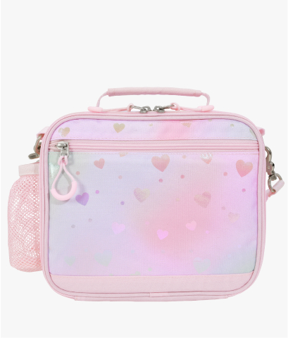 Front-facing image of Mackenzie Adaptive Lunch Box in Dreamy Foil Hearts print.