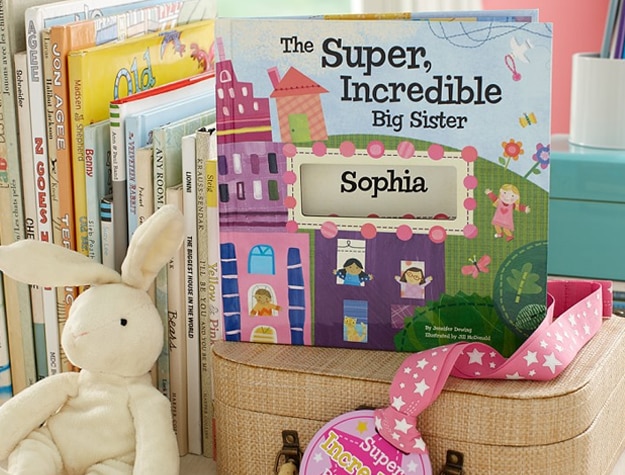 The Super, Incredible Big Sister sitting on basket with toys