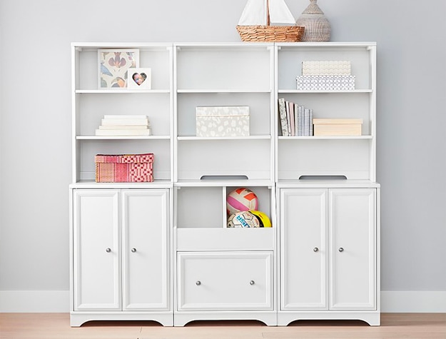 white hutch and cabinets with open shelving