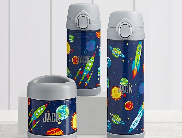 Space-themed water bottle with the name Jack on front