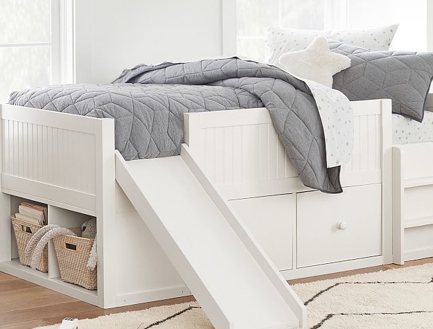 white toddler bed with slide