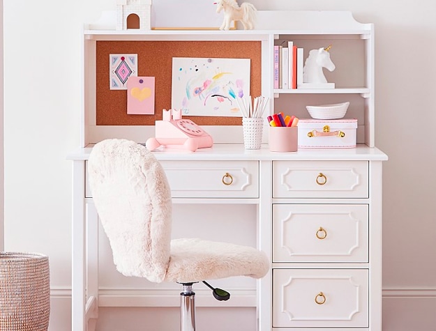 White hutch desk with fuzzy swivel chair