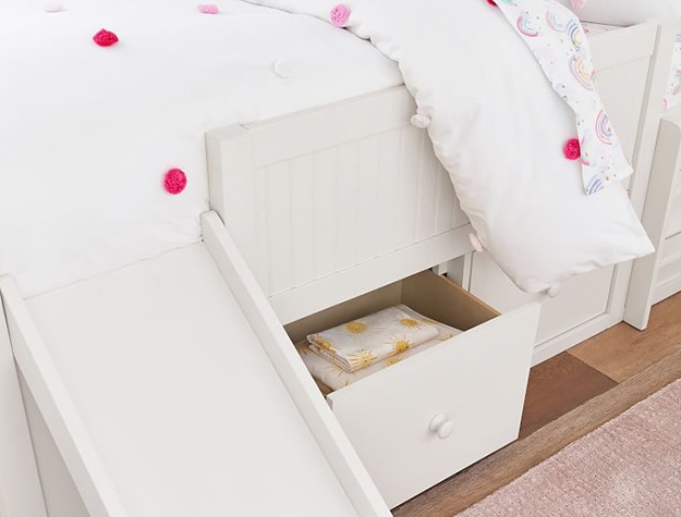 White bed with drawers