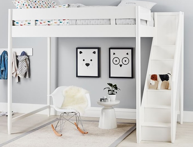 Modern room with white loft bed