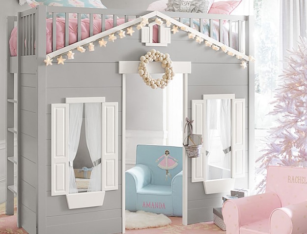 Grey and pink playhouse loft bed