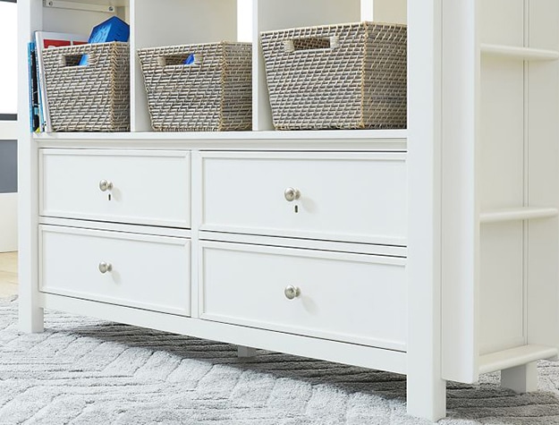 White cubbies with basket organizers