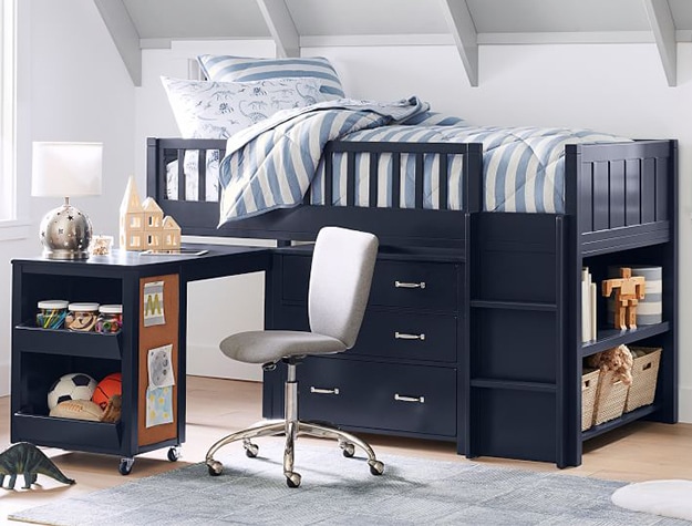 Navy blue storage low loft bed with desk