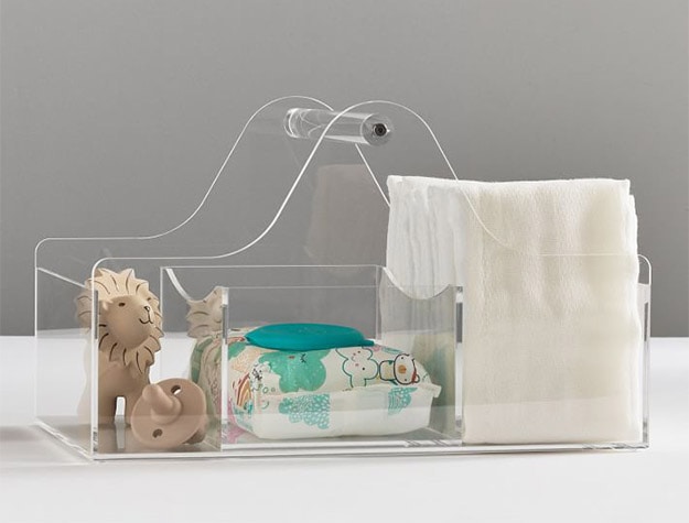 Baby products stored in the Acrylic Storage Collection.