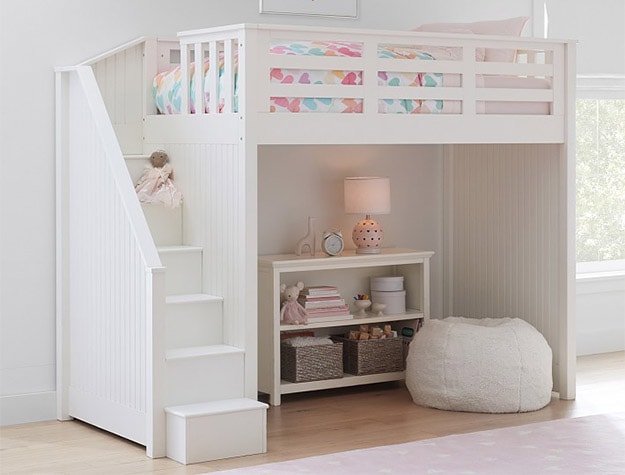White Catalina Stair Loft Bed with a small drawer below it.