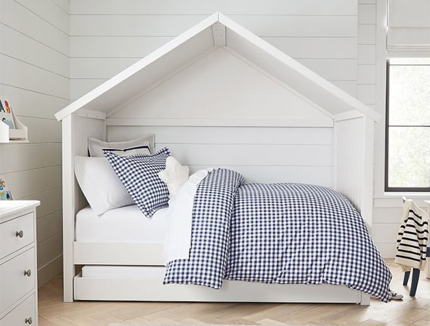 White Catalina Cottage House Bed with checkered navy and white sheets.