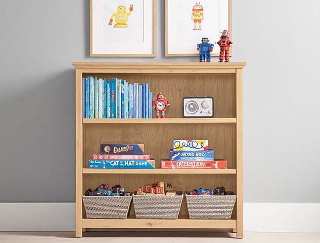 cameron 3-shelf bookshelf with robot action figures and games