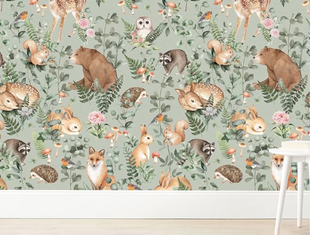 Woodland Storybook Wallpaper featuring forest animals.