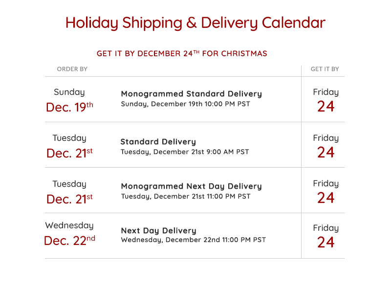 Holiday Shipping & Delivery Calendar