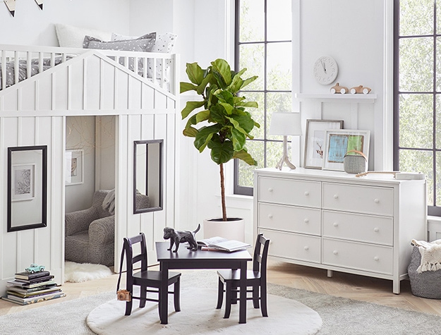 Matching white farmhouse loft bed and dresser