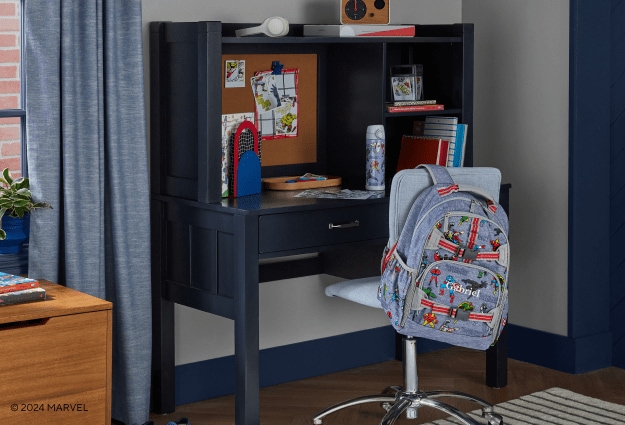 Camp storage desk with chair and backpack