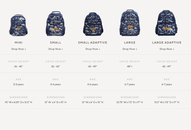 A helpful backpack sizing grid featuring Mini, Small, Large, Extra Large, Rolling, and Adaptive Styles.