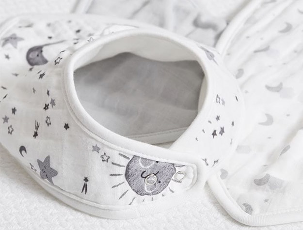 Space themed Skye Organic Muslin Drool Bib Set.