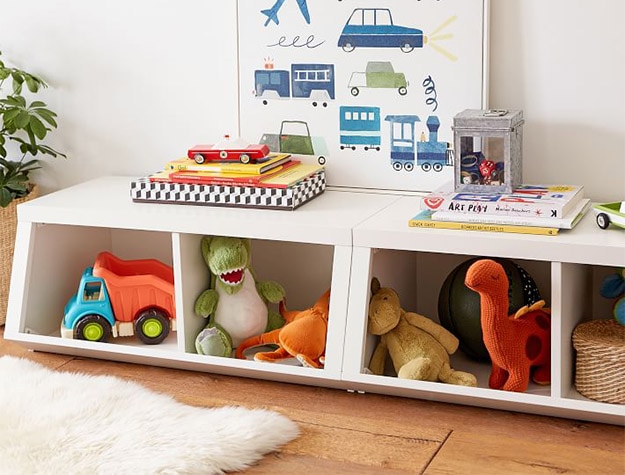 White Double Market Bin with toys.