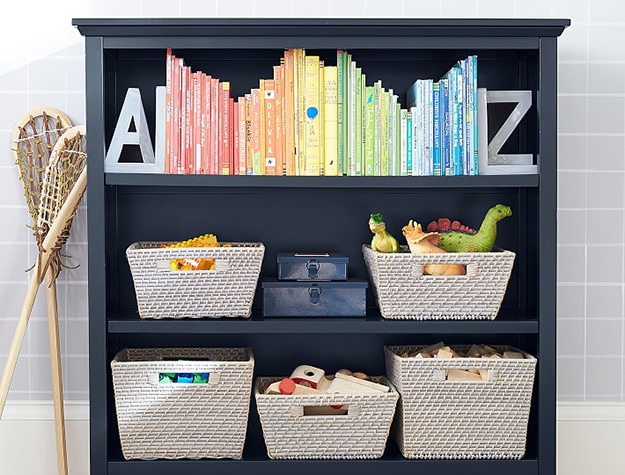 Cameron 3-shelf kids bookshelf with books and baskets.