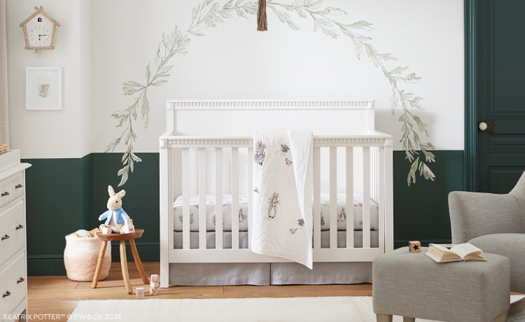 nursery with grey crib and white dresser Clover 4-in-1 Convertible Crib & Clover 3-Drawer Single Dresser with T   Little Seeds