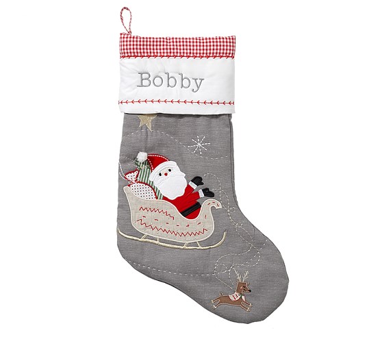 New Pottery Barn Kids QUILTED SANTA IN SLED Christmas Holiday Stocking