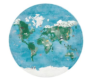 World Map Round Rug, 5' Round, Blue