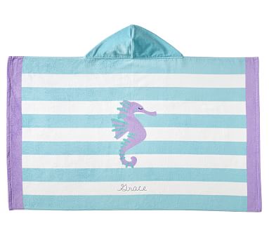 Seahorse Stripe Beach Hooded Towel, Aqua