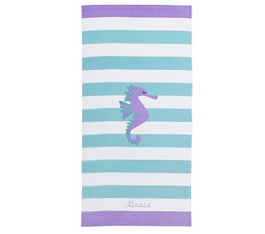 Seahorse Stripe Kid Beach Towel, Aqua