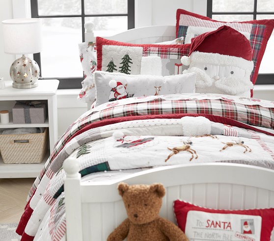 Pottery Barn Kids Heritage Santa Full Queen Quilt Shams Christmas Bedding Set 