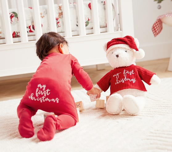 Avec Amour Sur Baby's First Christmas Bears et chiot sur un cushiontree New F.P.