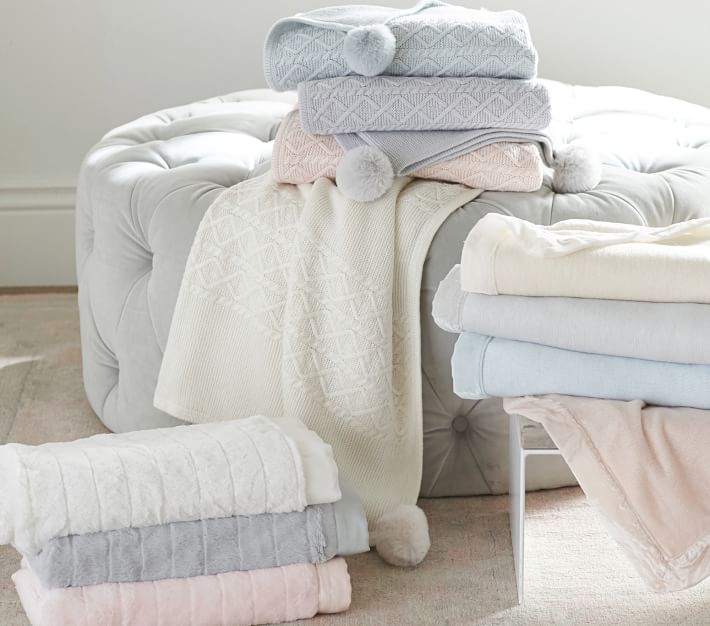 Monique Lhuillier Cable Knit PomPom Baby Blanket Pottery Barn Kids