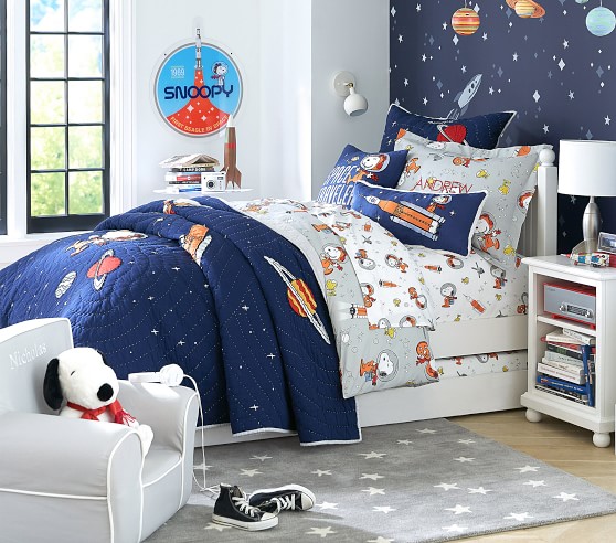 POTTERY BARN KIDS Glow in the Dark SNOOPY Space FULL 4 PC Sheets Set NEW 