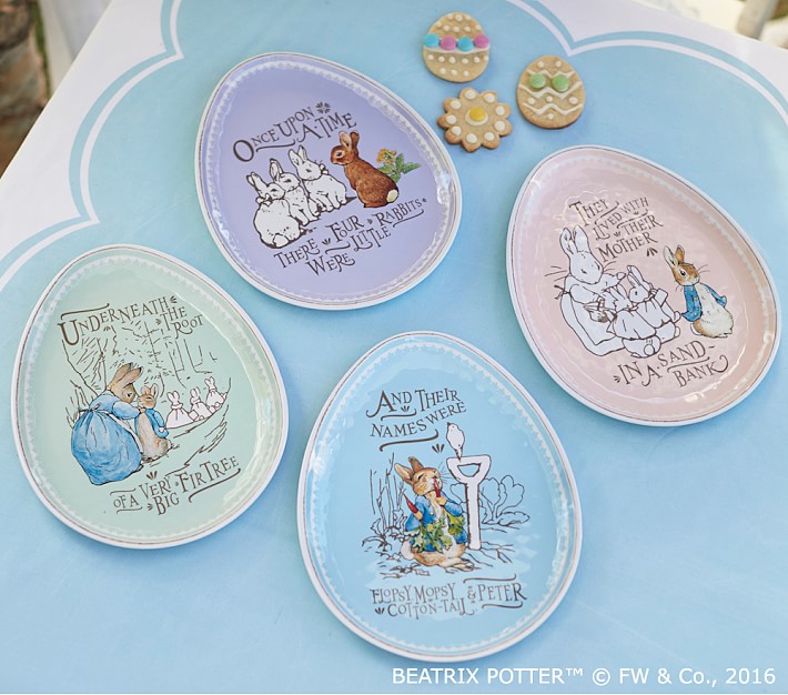NEW Pottery Barn Kids Beatrix Potter Gingham Easter plates Mixed Set of 4 