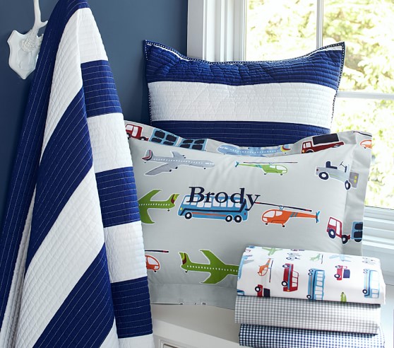 NWT Pottery Barn Kids Brody Quilted euro sham blue airplane plane navy plaid 