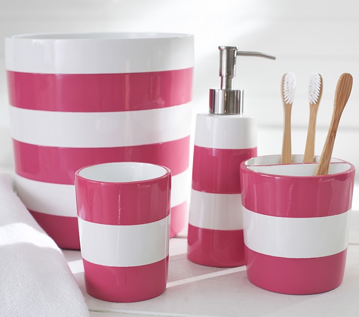 Pink Stripe Kids Bathroom Set Pottery, Bathroom Accessories For Toddlers