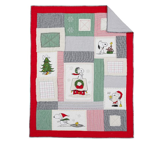 NEW POTTERY BARN KIDS Peanuts Snoopy Holiday TWIN Quilt Sham & Flannel Sheets 