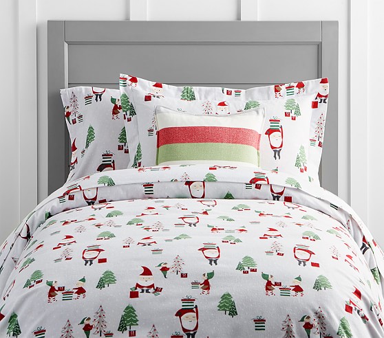 Pottery Barn Kids Full Queen SANTA FRIENDS Flannel DUVET Christmas NWT SOLD OUT 