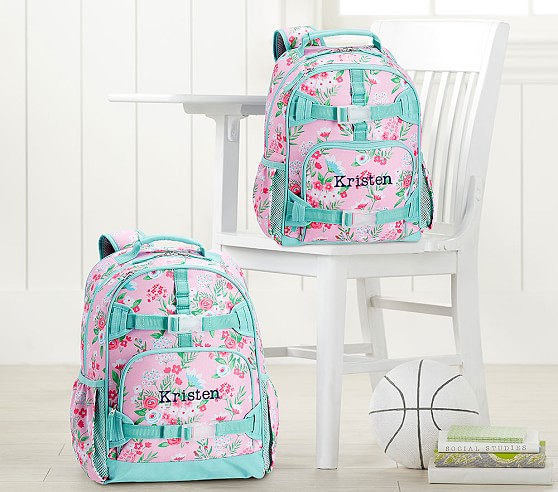 Pottery Barn Kids Pink Aqua Bouquets Large Backpack Lunch Box Water Bottle Set 
