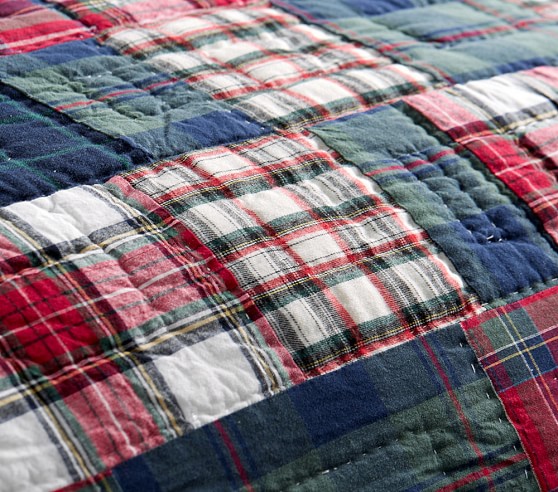 Pottery Barn Kids Red Holiday Madras Plaid Twin Quilt Standard Sham Christmas 